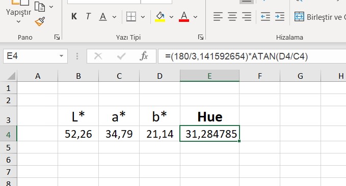 Hue açısı nedir? Excel'de Hue açısı nasıl hesaplanır?